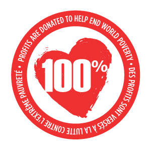Red heart logo with '100%' and text about profits are donation to end world poverty on a red and white circle on a transparent background