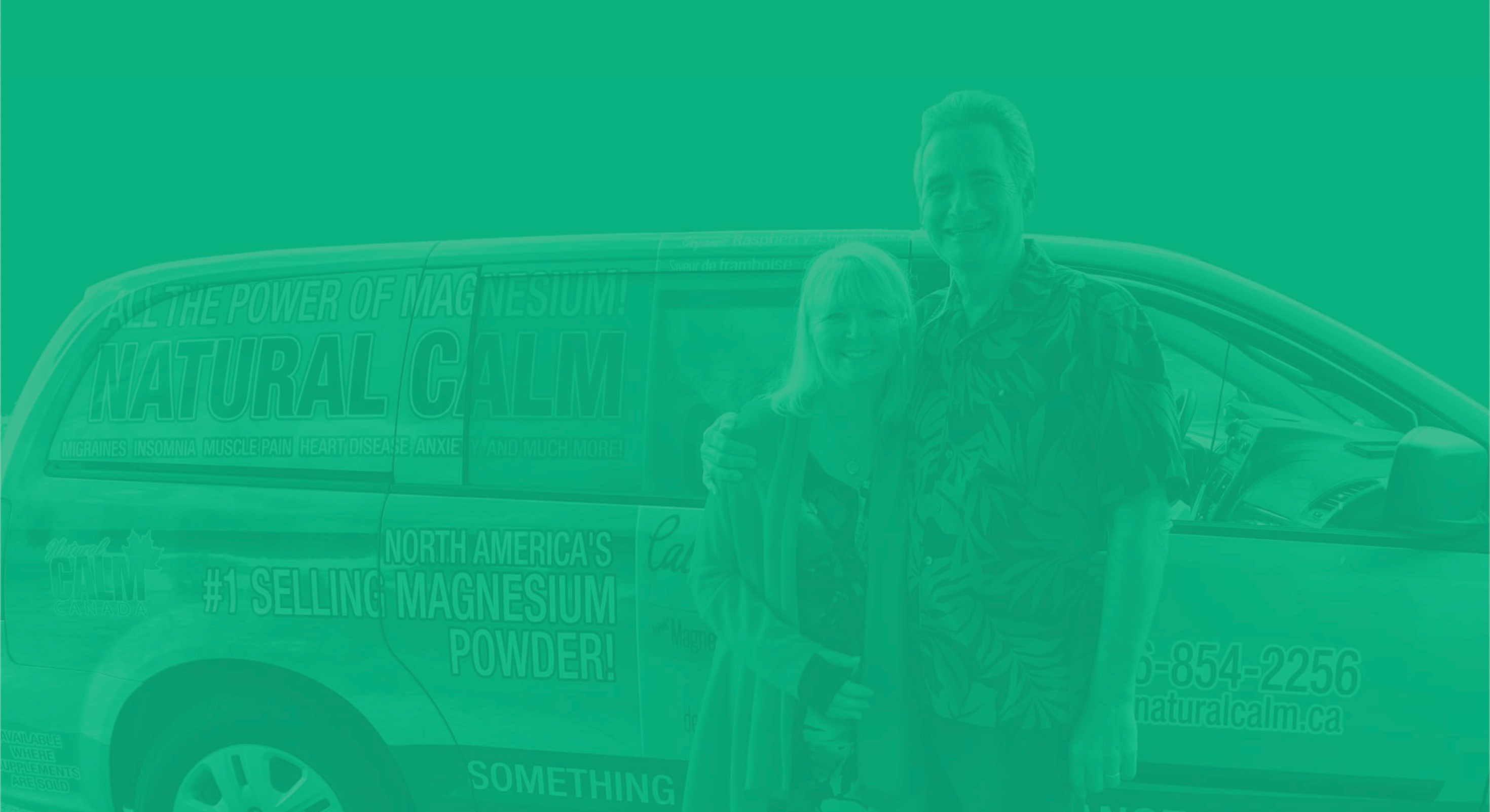 Linda and Dale standing next to a van with 'Natural Calm' branding on a green overlay.