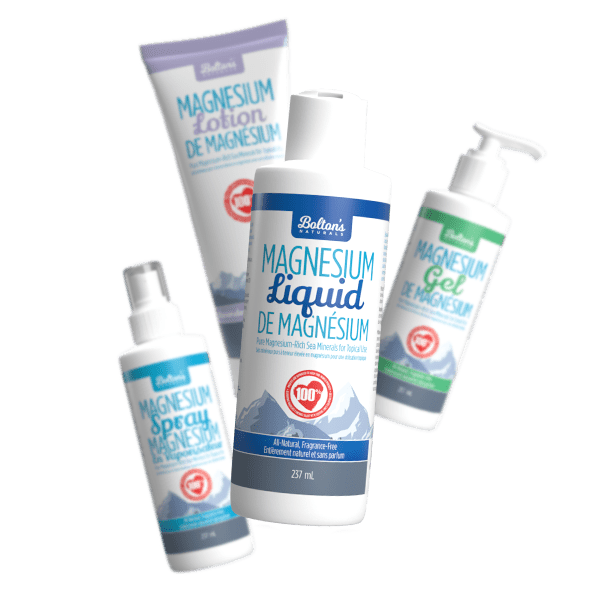 Collection of Bolton's Naturals magnesium products including lotion, spray, and gel on a transparent background