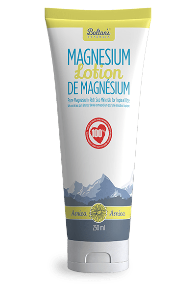 Tube of Bolton's Naturals magnesium lotion in Arnica with mountain design on a transparent background