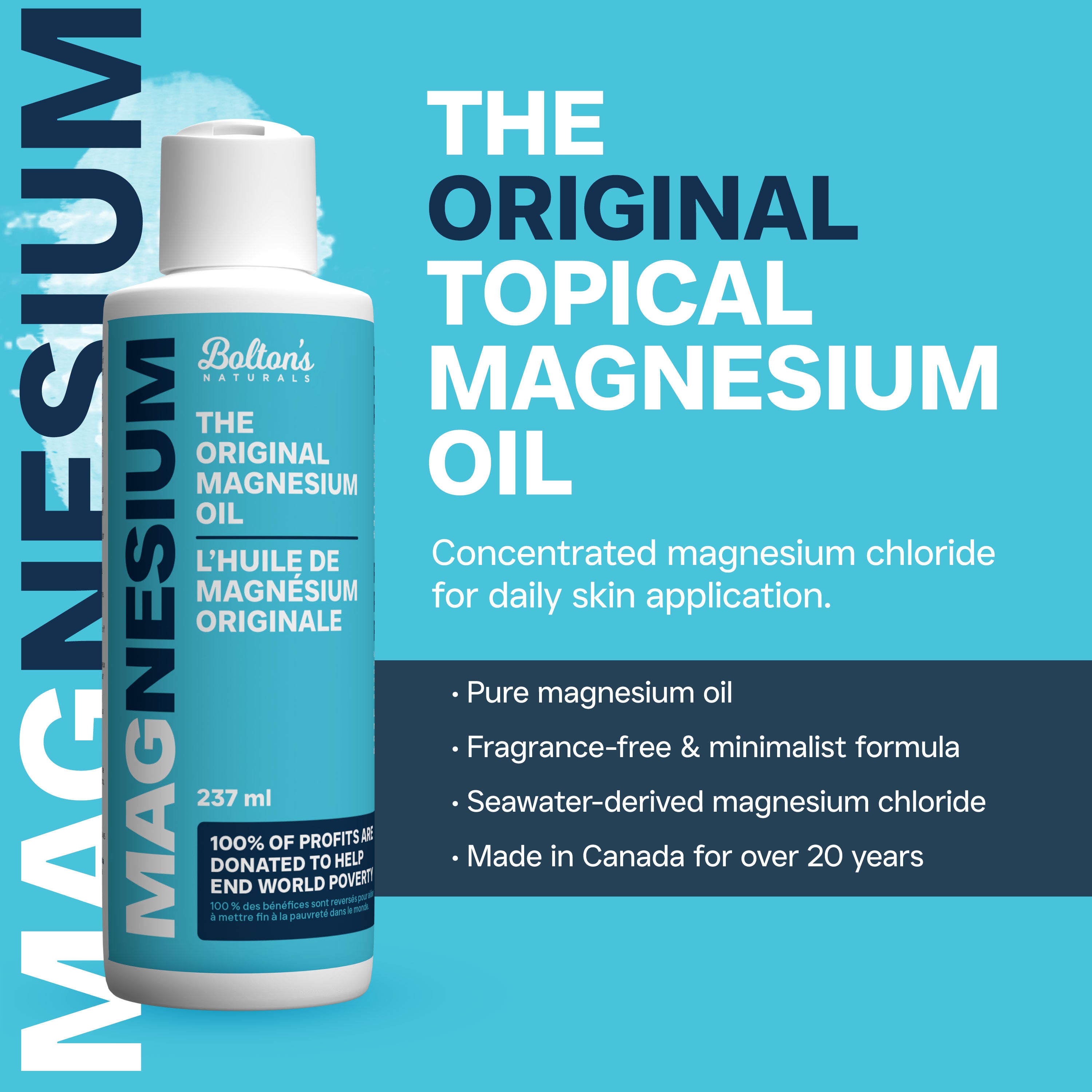 Bottle of Balton's Magnesium Oil with product details on a blue background