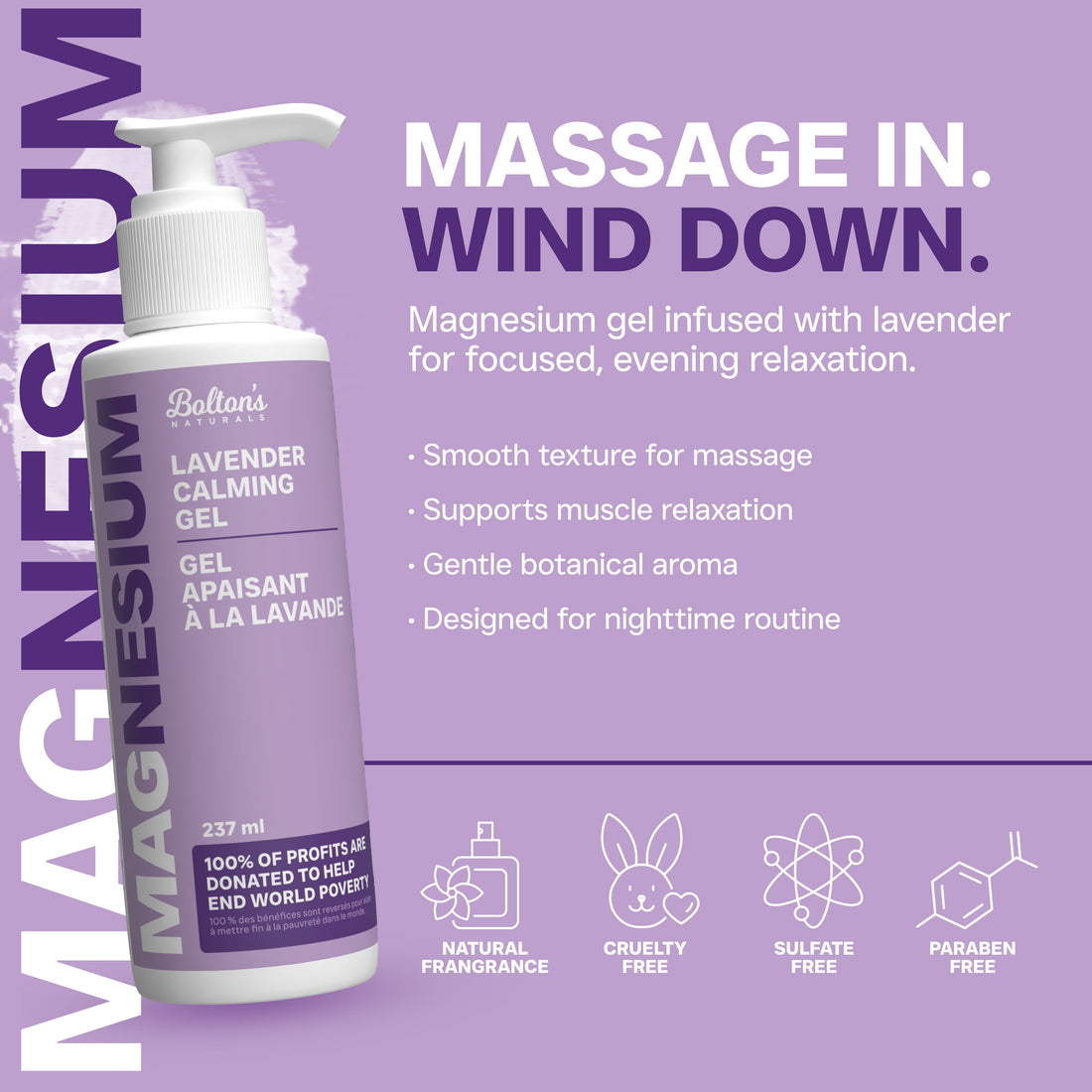 Bottle of magnesium gel with lavender scent on a purple background