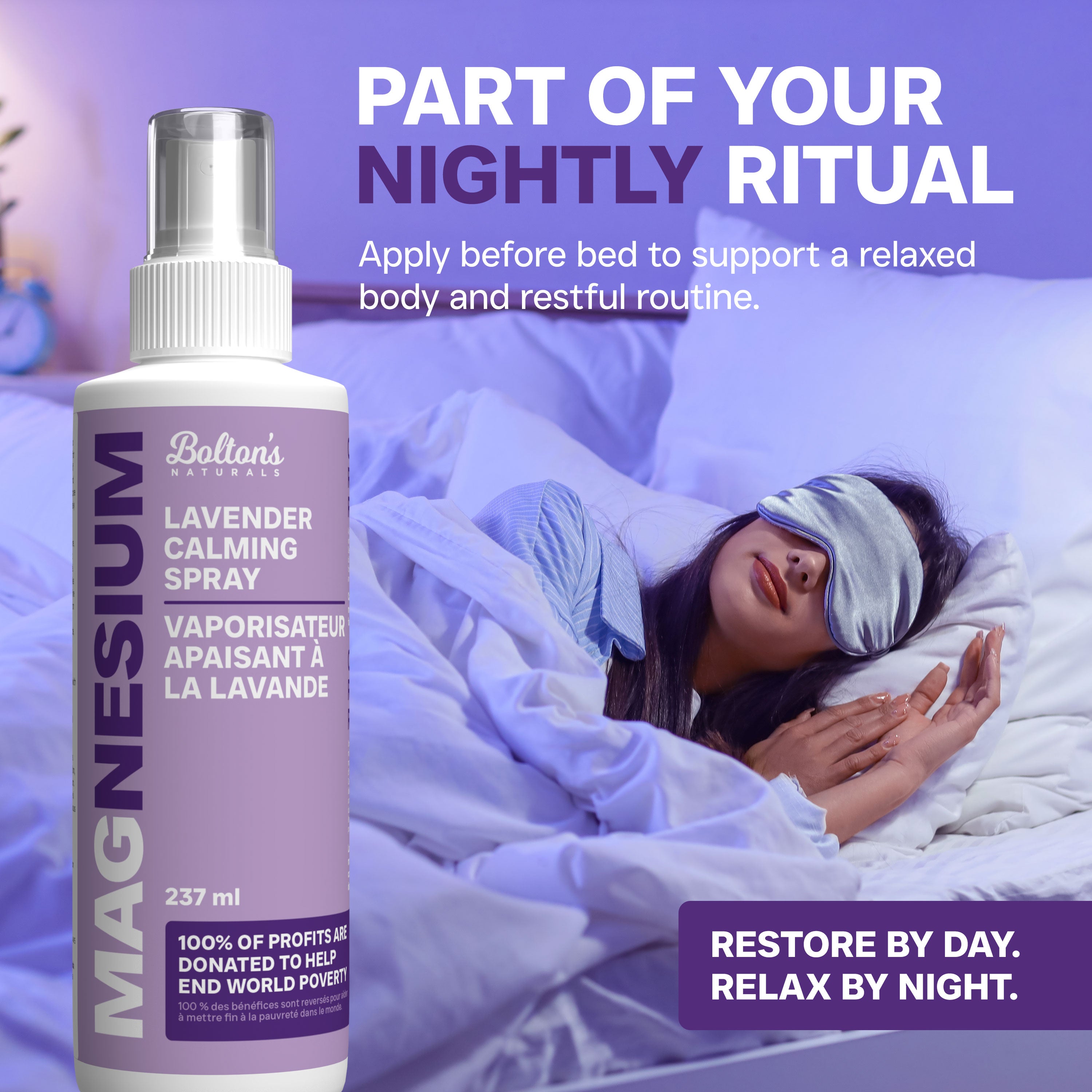 Bottle of magnesium lavender calming spray with a person sleeping in the background
