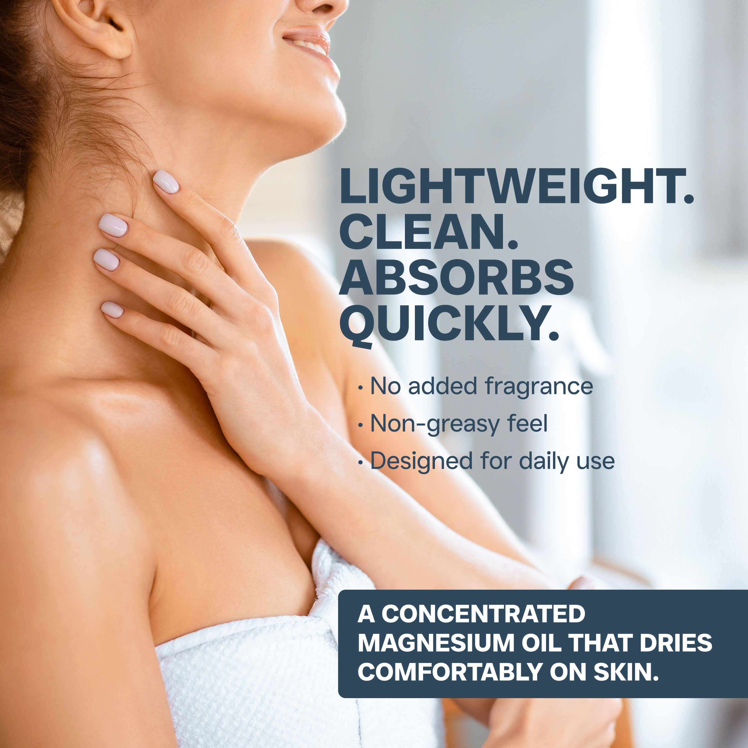 Woman applying a product to her neck with text highlighting its features.