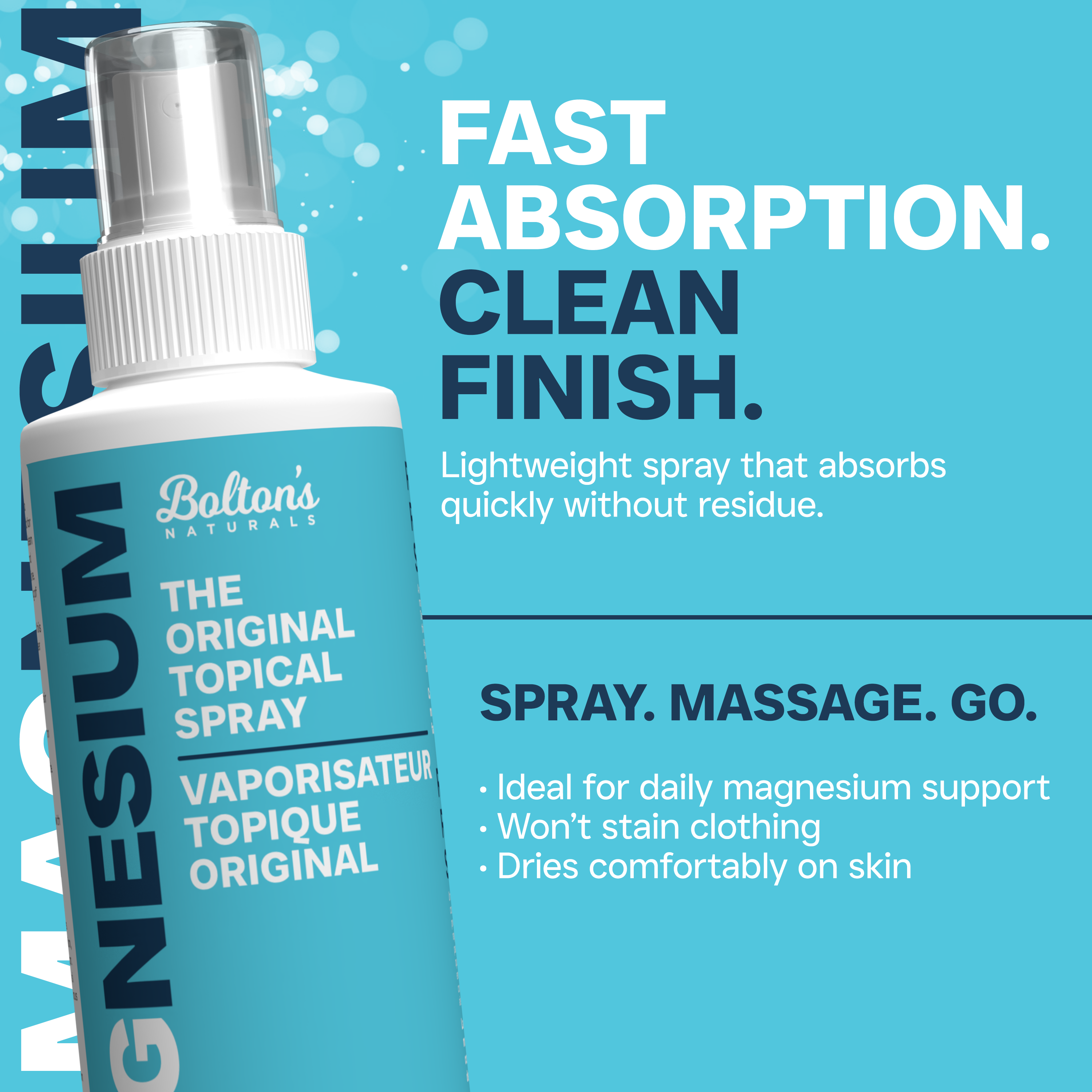 Bolton's Naturals magnesium spray bottle with promotional text on a blue background