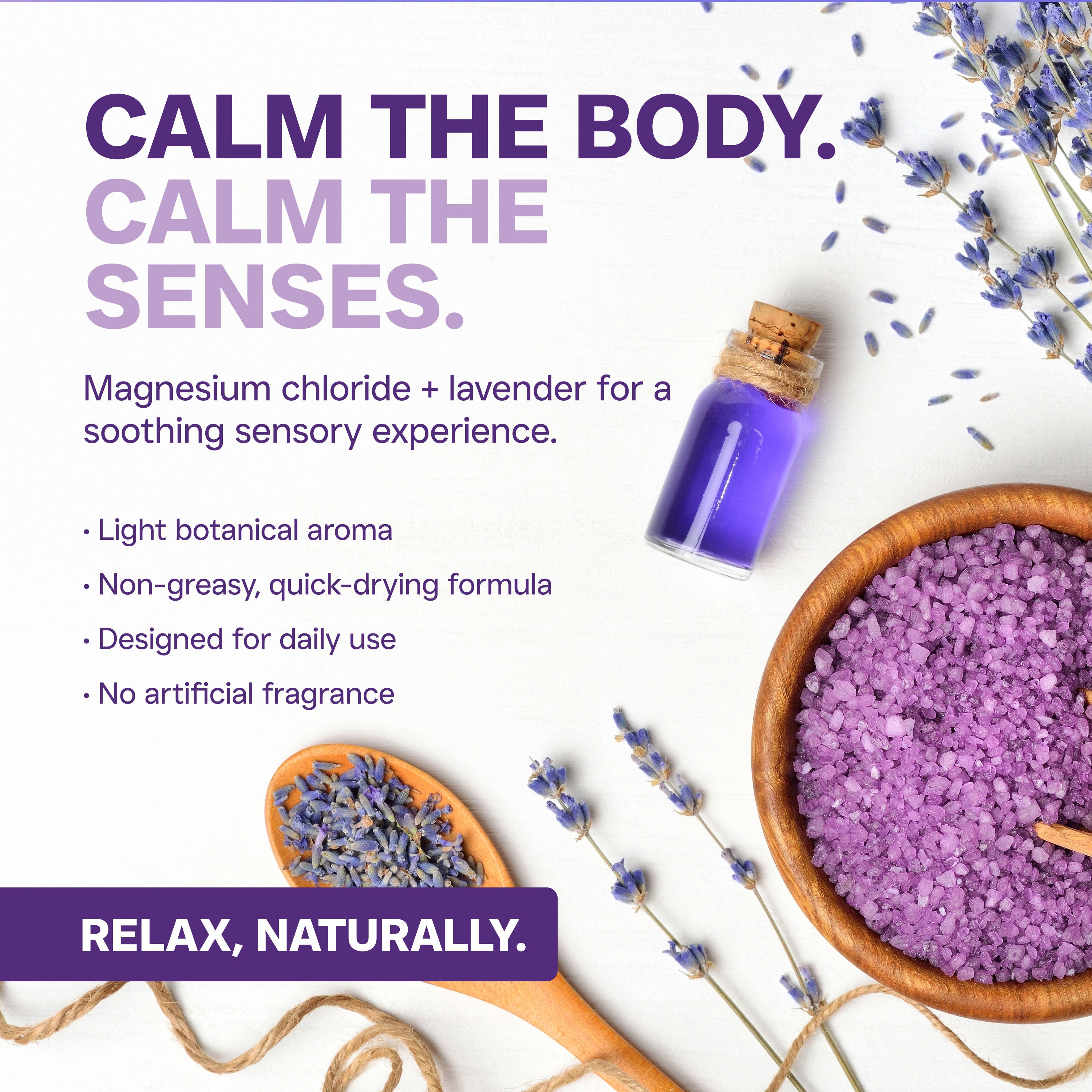 Promotional image of magnesium chloride and lavender with text on a white background