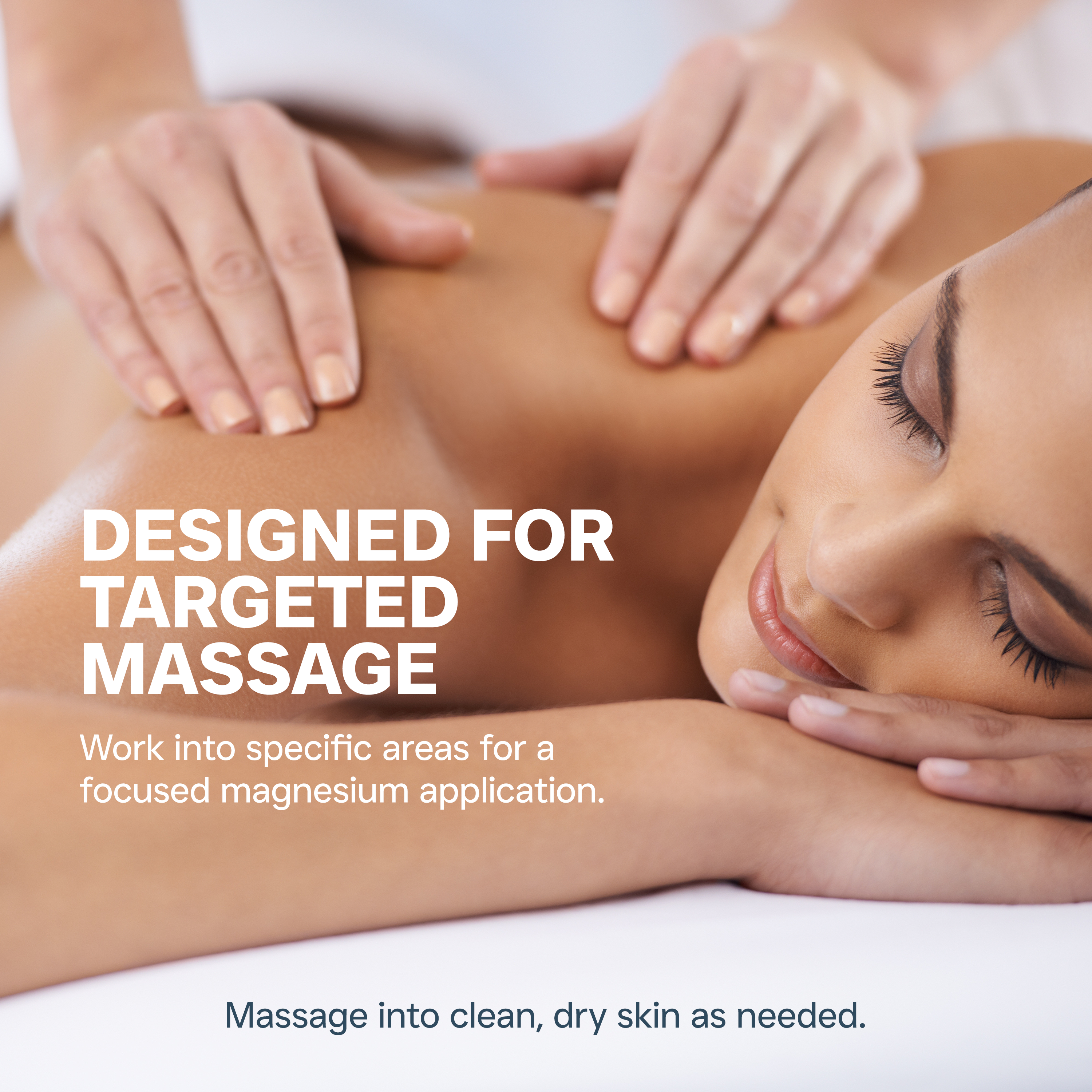Woman receiving a massage with text about targeted massage and magnesium application.