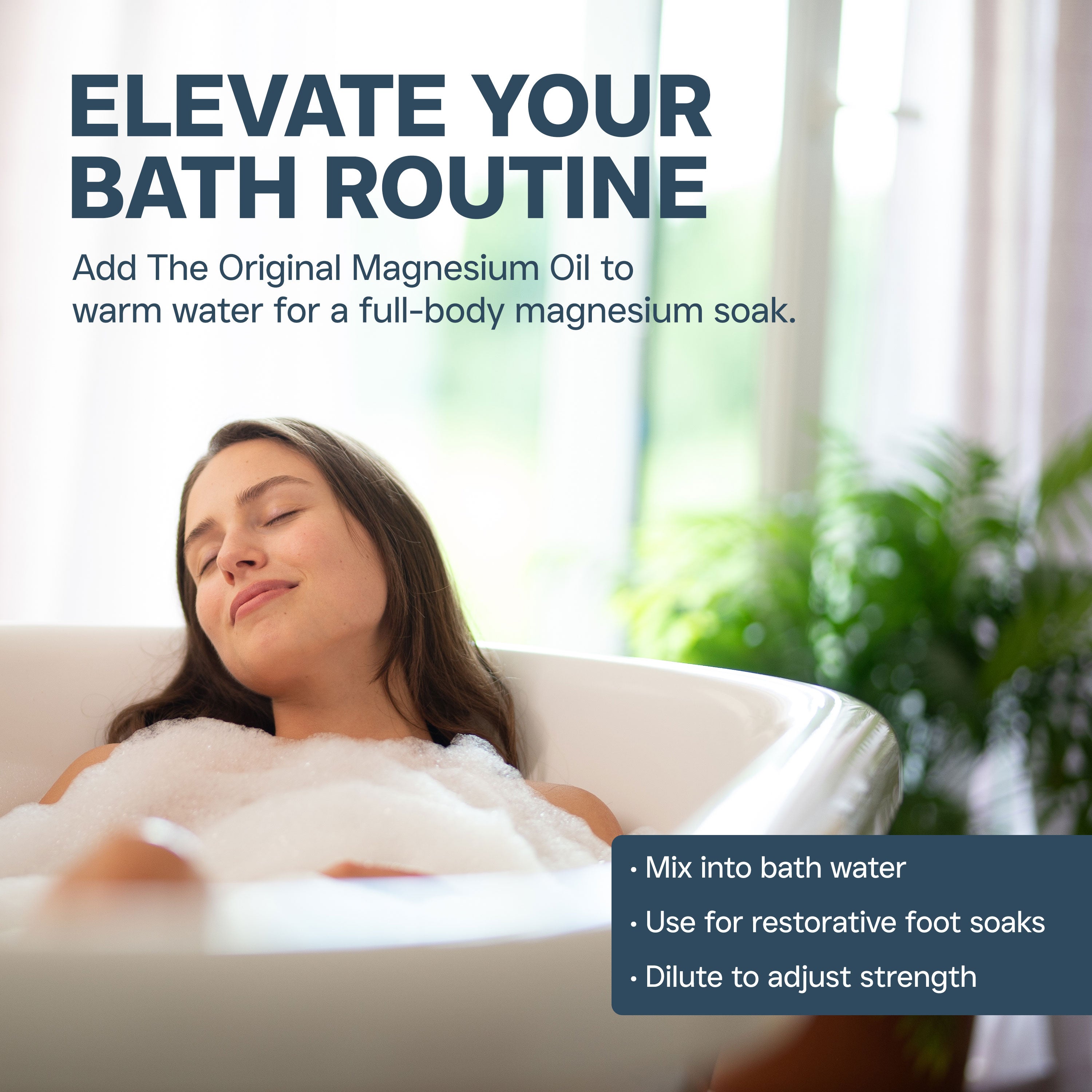 Woman relaxing in a bathtub with bubbles, text promoting magnesium oil for bath routine.