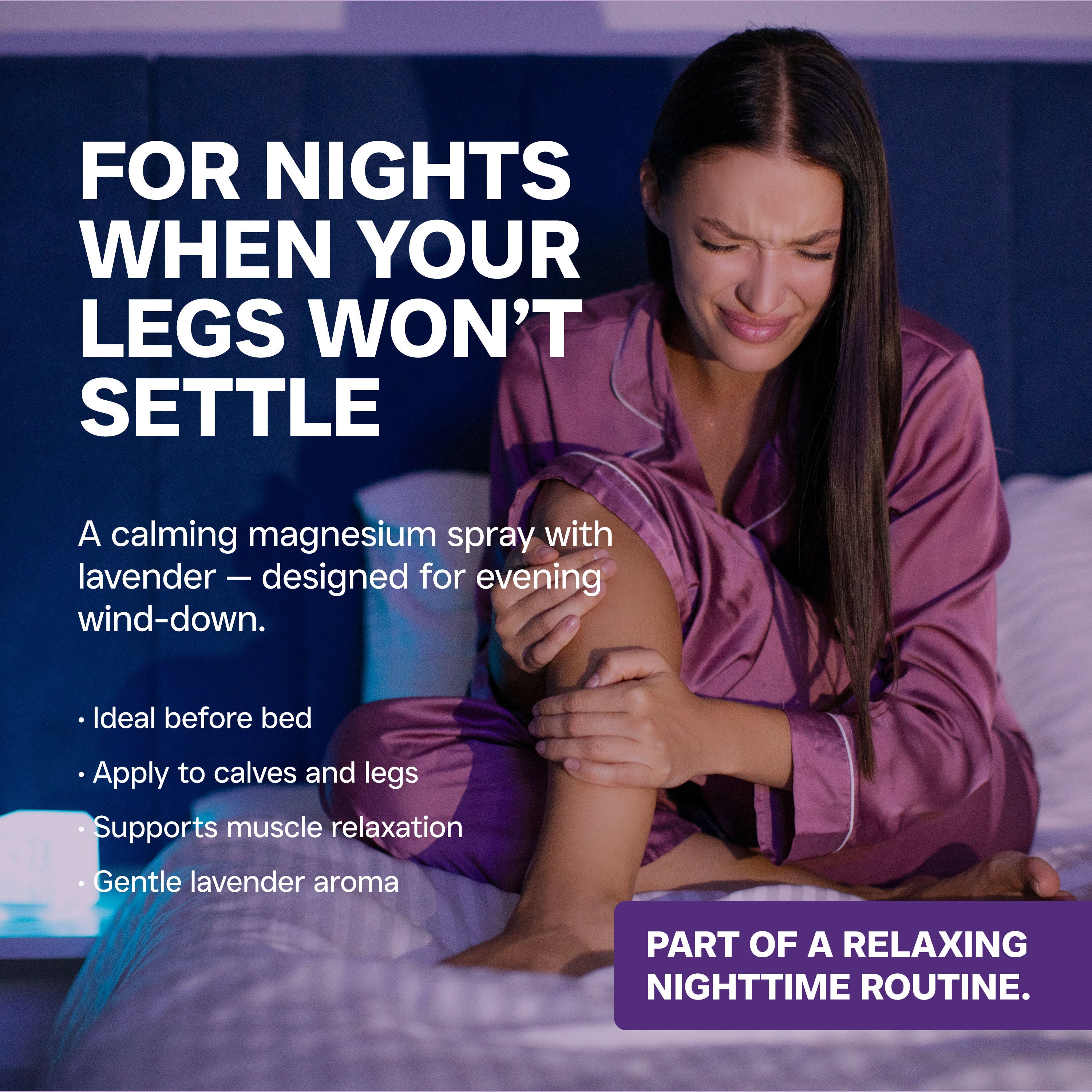 Woman in purple pajamas sitting on a bed with text about magnesium spray for leg discomfort.