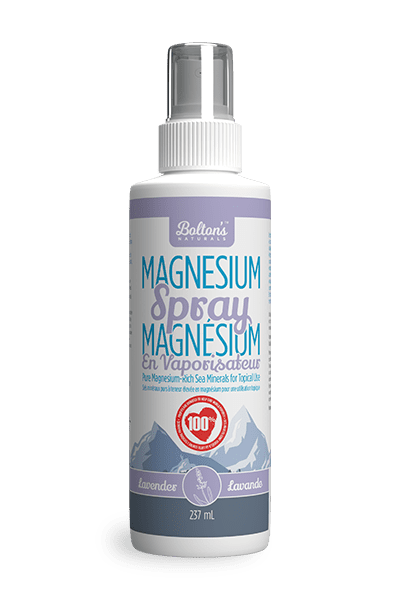 Bottle of Bolton's Naturals magnesium spray in Lavender with a white and purple label on a transparent background