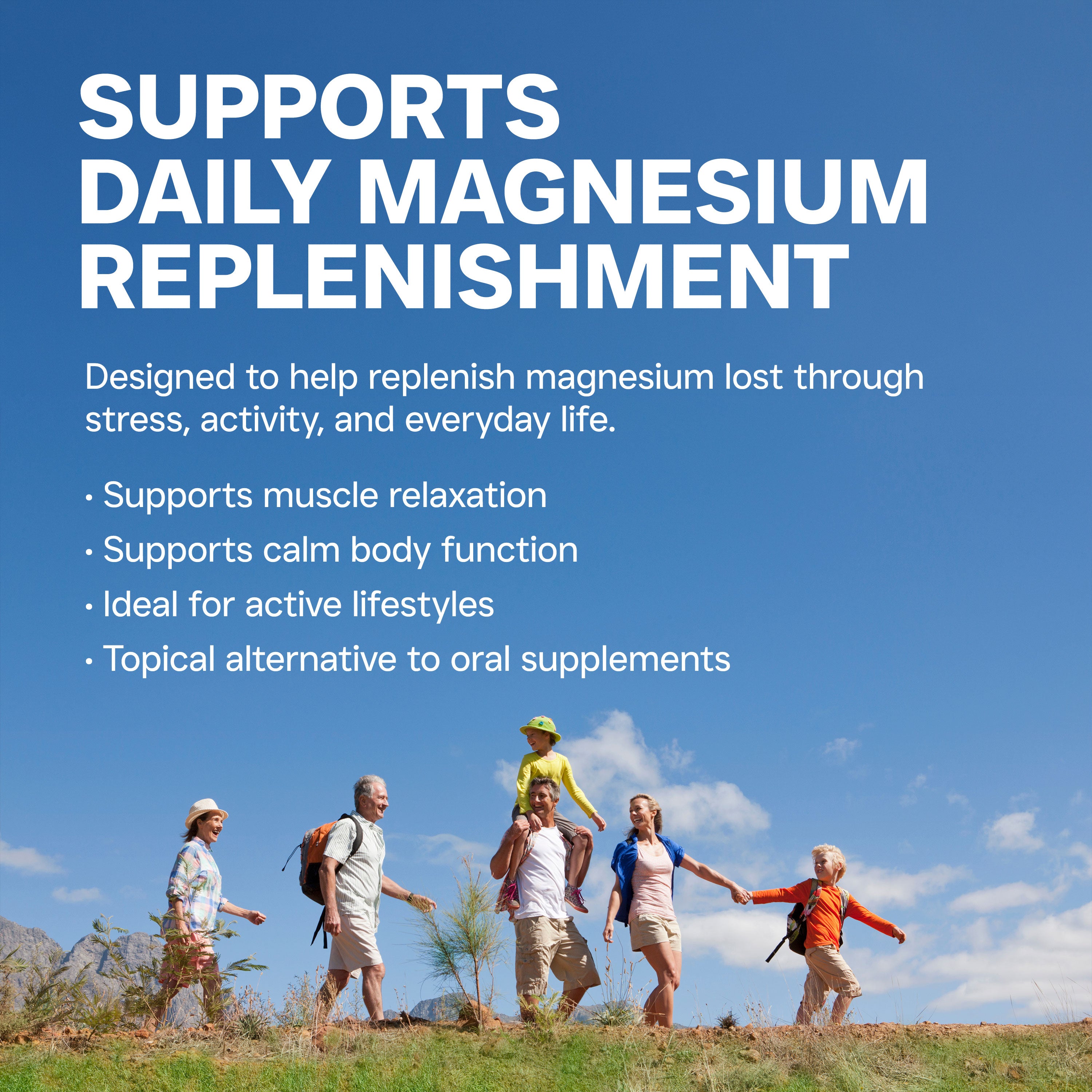 Family hiking with text about magnesium replenishment on a blue background