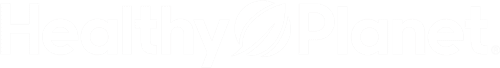 Healthy Planet logo in white with a leaf iconography, on a transparent background.