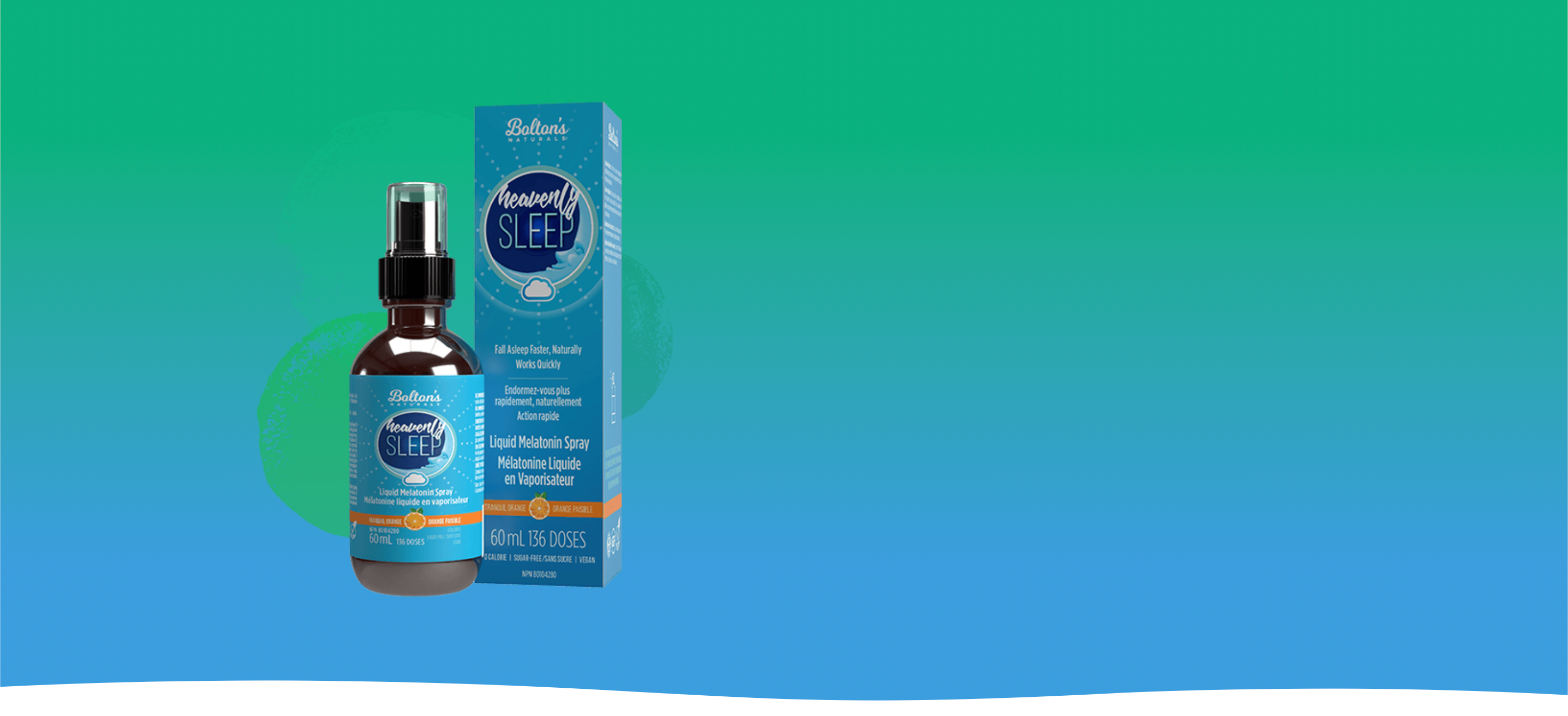 Bottle and packaging of Bolton's Naturals Heavenly Sleep liquid melatonin spray on a gradient blue and green background
