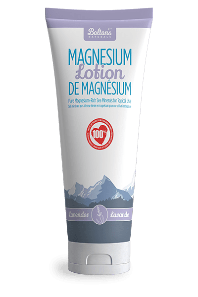 Tube of Bolton's Naturals magnesium lotion in Lanvender with mountain design on a transparent background