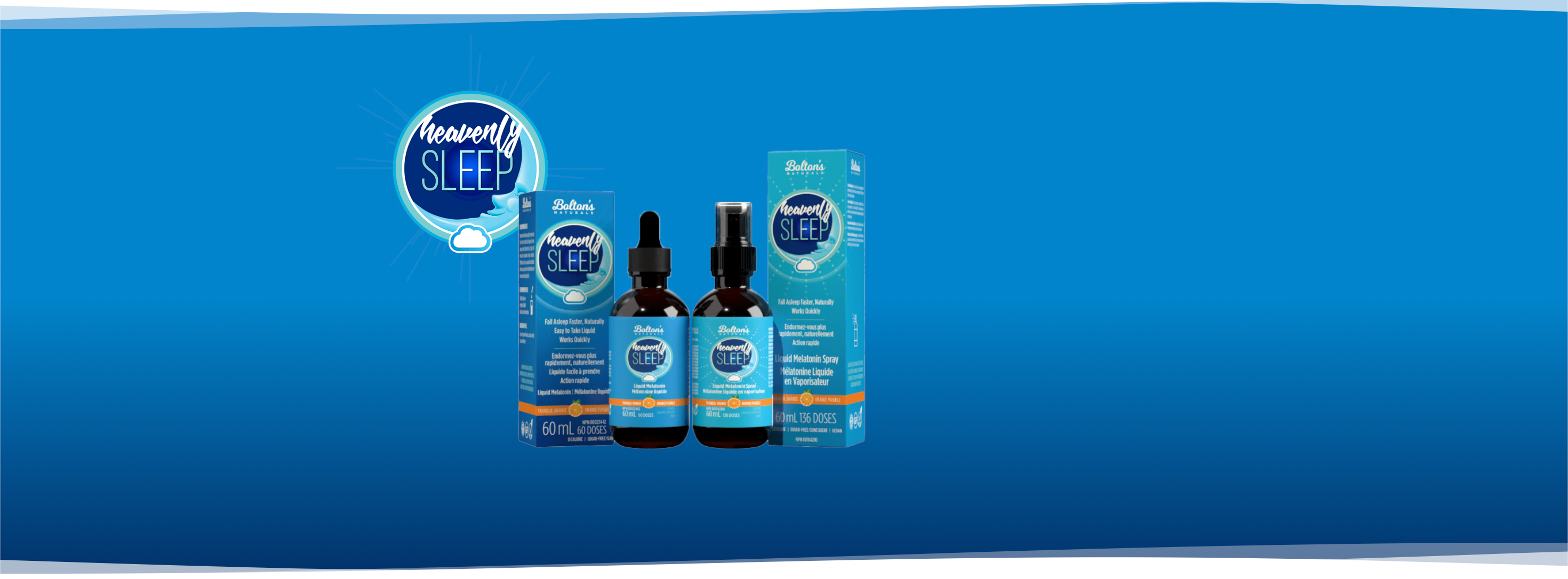 Bolton's Naturals Heavenly Sleep products on a blue background with wave edges.