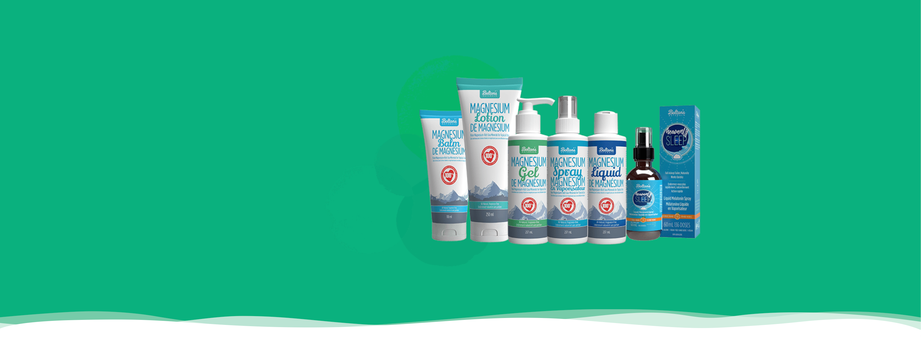 Collection of Bolton's Naturals Magnesium and Melatonin products on a green background with a bottom wave edge.