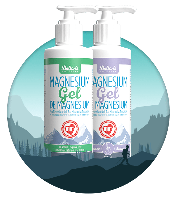 Two bottles of Bolton's Naturals Magnesium Gel with a mountain and forest background
