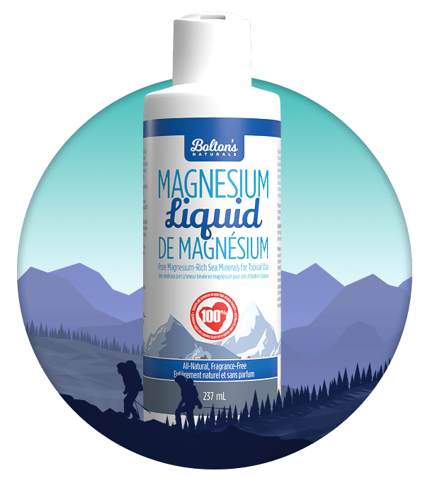 Bottle of Bolton's Naturals Magnesium Liquid with mountain and nature design within a circle on a transparent background.