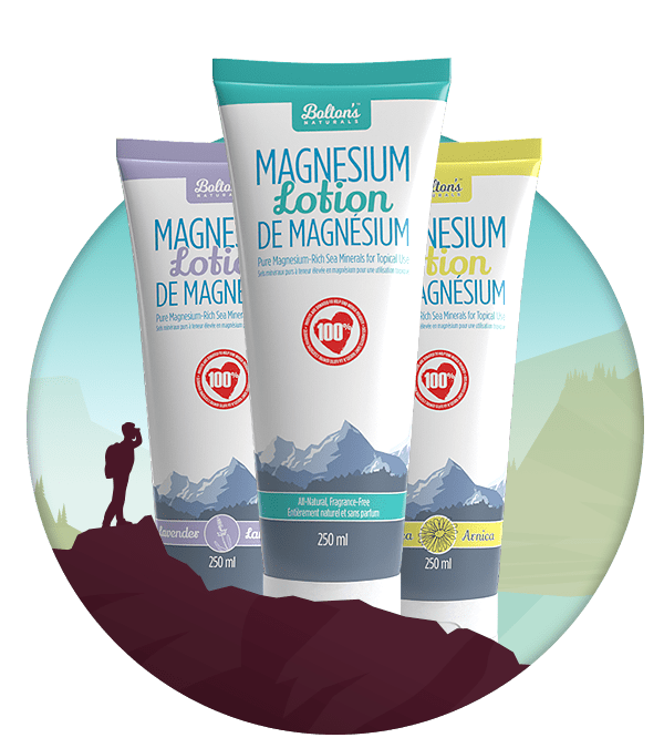 Three tubes of Bolton's Magnesium Lotion  in Lavender, all natural fragrance free and Arnica, with mountain and nature background