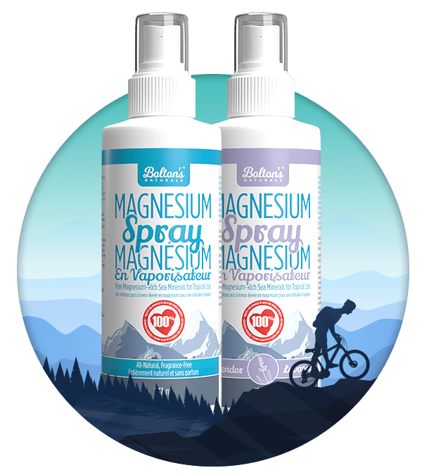Two bottles of Bolton's Naturals  magnesium spray with a scenic background